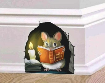 Maus 3D-Wandaufkleber – Maus liest Bücher – Maus nimmt ein Bad – realistisches Mausloch – 3D-Mausaufkleber – Aufkleber für Buchliebhaber