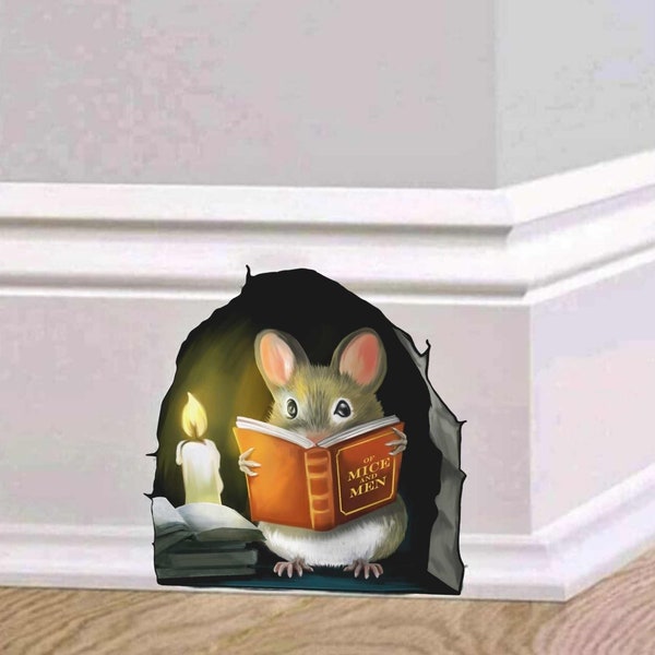 Mouse 3D Wall Stickers - Mouse Reading Books - Mouse Taking Bath Decal - Realistic Mouse Hole - 3D Mouse Stickers - Book Lover's Decal
