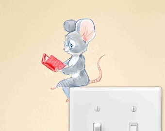 Muse Mouse Reading Book - Light Switch Decal - Mouse Reading on Light Switch - Light Switch Cover decor - Light Switch Decal - Bookworm Gift