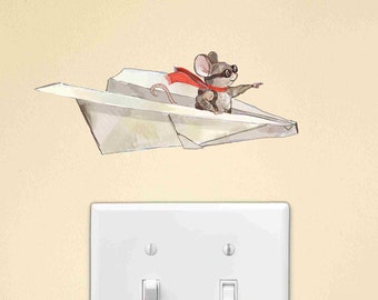 Mouse Flying Paper Plane - Light Switch Sticker - Funny Wall Decoration - Vinyl Decal Sticker - Light Switch Cover Outlet - Removable Vinyl