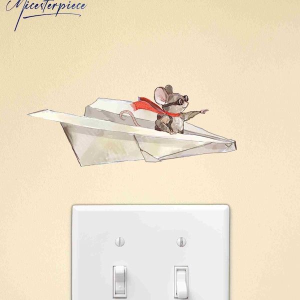 Mouse Flying Paper Plane - Light Switch Sticker - Funny Wall Decoration - Vinyl Decal Sticker - Light Switch Cover Outlet - Removable Vinyl