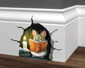 Mouse Reading a Book - 3d Cracked wall Mouse Decal - Realistic Mouse Wall Decor - Book Lover's vinyl decal - Cute Mouse in a Cracked hole