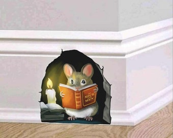 Mouse 3D Wall Stickers - Mouse Reading Books - Mouse Taking Bath Decal - Realistic Mouse Hole - 3D Mouse Stickers - Book Lover's Decal