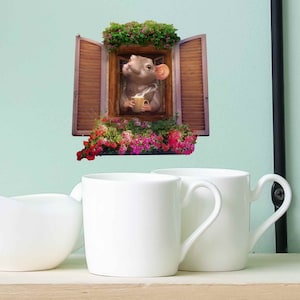 Mouse Drinking Coffee - 3D Floral Window - Cute Mouse 3D Hole Decal - Mouse Wall Hole decal - Coffee Lover Mouse - Mouse 3D Wall Sticker
