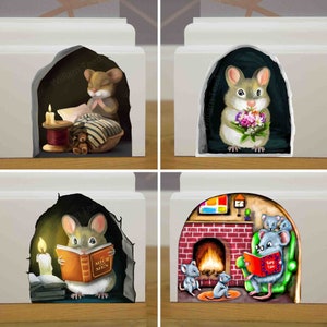 3D Mouse Wall Decal Pack - Reading, Prayer, Storytelling, and Flower Mice - Book Lover Home Decor, Set of 4