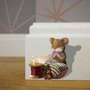 Mouse Praying Before Bedtime - 3D Praying Mouse - 3D Wall Sticker - Whimsical Mouse Hole Wall Decal - 3D Cutout Mural - Kids bedroom decor