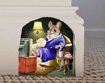 Mouse Watching TV in Mouse Hole Decal - Mouse Hole 3D Wall Sticker - Mouse Holding Popcorn - 3D Mouse wall Decal - Removeable Wall Decal