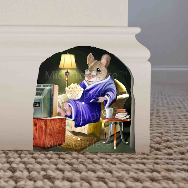 Mouse Watching TV in Mouse Hole Decal - Mouse Hole 3D Wall Sticker - Mouse Holding Popcorn - 3D Mouse wall Decal - Removeable Wall Decal