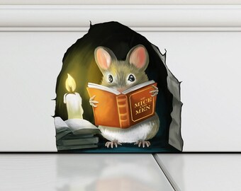 Ratón leyendo un libro - Etiqueta engomada del ratón 3d - Calcomanía de pared del ratón realista - Calcomanía de vinilo del amante del libro - Ratón lindo en un agujero - Etiqueta engomada del ratón del libro