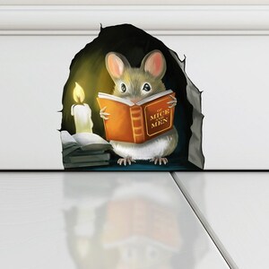 Mouse Reading a Book - 3d Mouse Sticker - Realistic Mouse Wall Decal - Book Lover's vinyl decal - Cute Mouse in a hole - Book Mouse Sticker