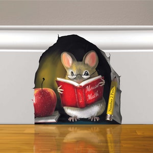 3D Mouse Reading Math Book - Mouse in Wall Hole - Teachers Pet Decal - Funny Mouse Mural - School Decor Sticker - Cute Wall Decals, Teacher