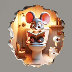 May include: A cartoon mouse sitting on a toilet reading a book. The mouse is grey with large pink ears and a white belly. The toilet is white and has a closed lid. The bathroom is decorated with a light fixture, a towel rack, and a shelf with toiletries.