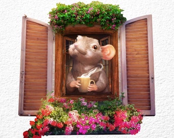 Coffee Mouse Window Sticker: Coffee Bar & Kitchen Decor