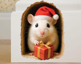 Christmas Mouse Hole Sticker: Santa Hat Holiday Wall Decor