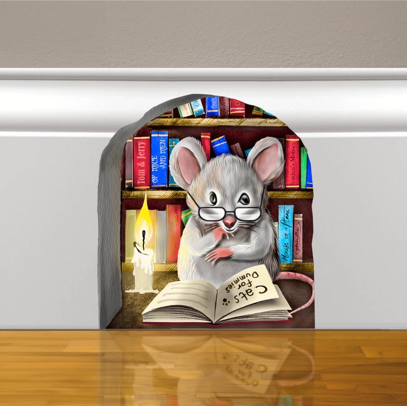 Libro di lettura del mouse Adesivo per mouse 3d Decalcomania da muro per mouse Regalo per gli amanti dei libri Adesivo per camera dei bambini Adesivo carino per il mousehole Adesivo da parete per mouse Librarian Mouse