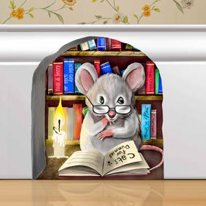 Mouse Reading Book Wall Sticker, Mice Wall Decal, Mouse Reading, Kids Room Decor, Library Wall Art, Mousehole 3D Wall Decal, Kids Room Decal