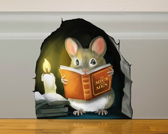 Mouse Reading Book - 3d Mouse Sticker - Mouse Wall Decal - Book Lover Gift- Kids Room Sticker - Cute Mousehole Sticker - Mouse Wall Sticker