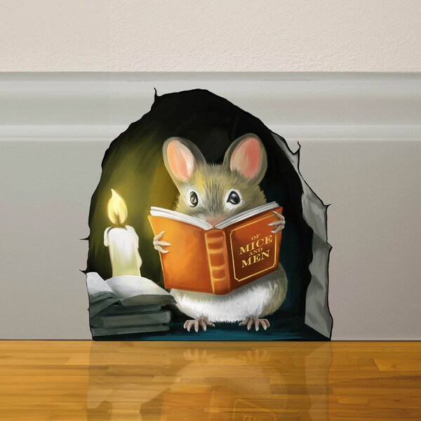 Mouse Reading Book - 3d Mouse Sticker - Mouse Wall Decal - Book Lover Gift- Kids Room Sticker - Cute Mousehole Sticker - Mouse Wall Sticker