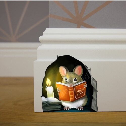 Mouse Reading Wall Decal – 3D Book In Hole Vinyl Sticker, Whimsical Room Decor, Easy Peel & Stick