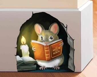 Mouse che legge un libro - Adesivo per mouse 3D - Decalcomania da muro per mouse realistico - Decalcomania in vinile per amante del libro - Mouse carino in un buco - Adesivo per mouse del libro