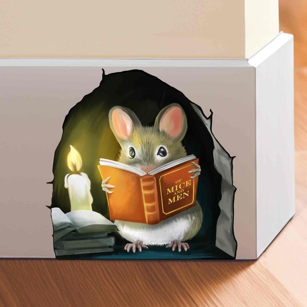 Maus liest ein Buch – 3D-Maus-Aufkleber – realistischer Maus-Wandaufkleber – Vinyl-Aufkleber für Buchliebhaber – süße Maus im Loch – Buch-Maus-Aufkleber