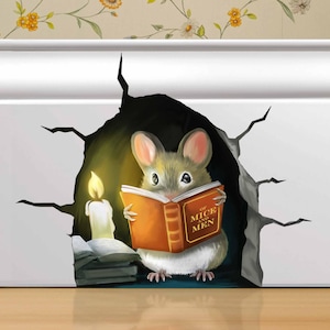 Mouse Reading a Book - 3d Wall Mouse Decal - Mousehole Wall Sticker - Book Enthusiast Gift - Cute Mouse Wall Sticker - Removable - Kids Room