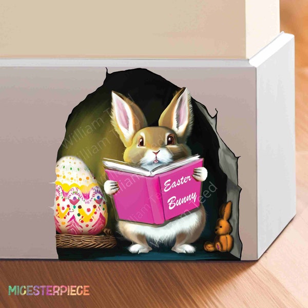 3D Easter Bunny Reading Book in Mouse Hole - 3D Hole Wall Sticker - Teacher Gift - Book Lover Gift - Bookworm Vinyl Decal - Easter Decor