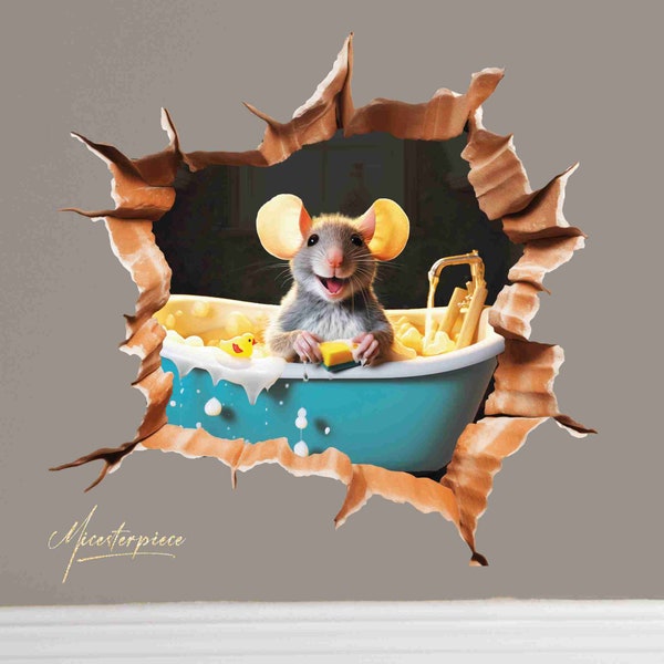 3D Cracked Hole Mouse Stickers - Mouse Holding Cheese - Mouse in Bathtub - Mouse Wall Decals - Playroom Decor - Skirting Board Sticker