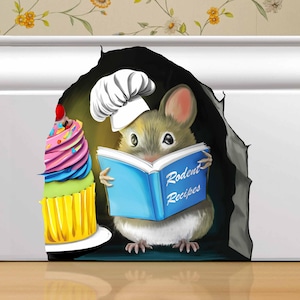 May include: A cartoon mouse wearing a chef's hat peeks out of a hole in a wall, holding a cookbook titled "Rodent Recipes" and looking at a colorful cupcake.
