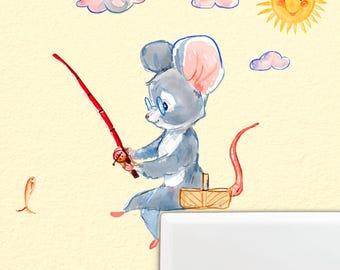 Fishing Mouse Sticker Set: Light Switch & Kids Room Decor
