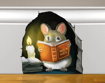 Mouse Reading Book - 3d Mouse Sticker - Mouse Wall Decal - Book Lover Gift- Kids Room Sticker - Cute Mousehole Sticker - Mouse Wall Sticker