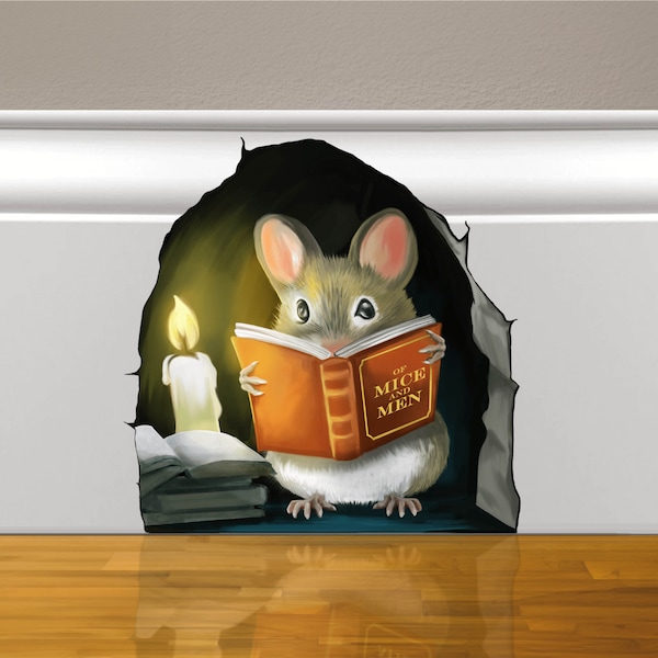 Mouse Reading Book - 3d Mouse Sticker - Mouse Wall Decal - Book Lover Gift- Kids Room Sticker - Cute Mousehole Sticker - Mouse Wall Sticker