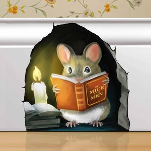 Mouse Reading Book - 3d Mouse Sticker - Mouse Wall Decal - Book Lover Gift- Kids Room Sticker - Cute Mousehole Sticker - Mouse Wall Sticker