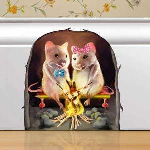 Camping Mice in Mouse Hole Decal - Mouse Hole 3D Wall Sticker - Removable Wall Decal - Camping Lover Gift - Funny Party Decor - Wall Decal