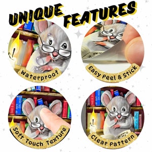 Puede incluir: Cuatro pegatinas ilustradas con un rat&oacute;n leyendo un libro en un entorno de biblioteca. Las pegatinas son impermeables, tienen una textura suave al tacto, son f&aacute;ciles de despegar y pegar, y tienen un patr&oacute;n claro.