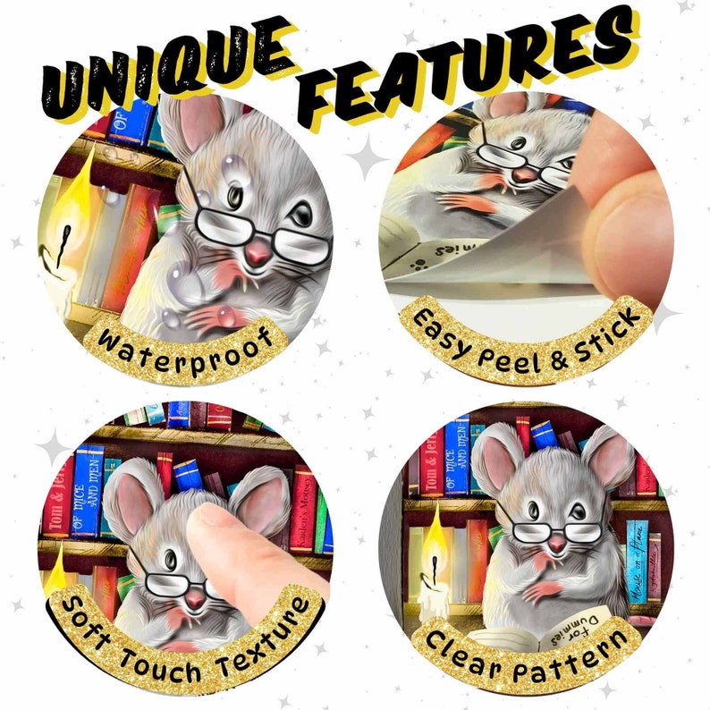 Puede incluir: Cuatro pegatinas ilustradas con un rat&oacute;n leyendo un libro en un entorno de biblioteca. Las pegatinas son impermeables, tienen una textura suave al tacto, son f&aacute;ciles de despegar y pegar, y tienen un patr&oacute;n claro.