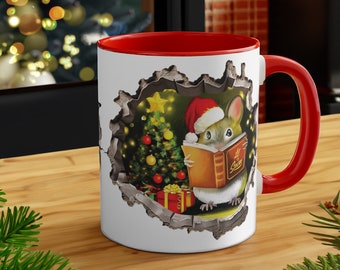 Christmas Mouse Reading Book Mug - Merry Christmas Coffee Mug - Secret Santa Gift - Whimsical Christmas Gift - Christmas Mug - Gift for her
