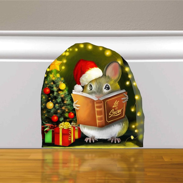 Christmas Mouse Wall Sticker - Mouse Wall Stickers - Christmas Mouse Wall Decal - 3D Hole Wall Decal - Mousehole Baseboard Sticker - Xmas