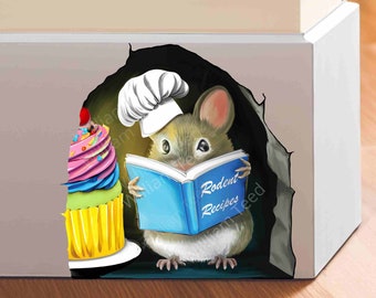 3D Mouse Reading Recipe Book - Mouse in Wall Hole - Chef Mouse Cooking Decal - Funny Mouse Mural - Kitchen Decor Sticker - Cute Wall Decals