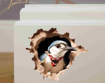 3D Sparrow Bird in hole - Cracked Wall Decal - 3D Hole Decal Sticker - Removable Wall Decal - Skirting board Wall Stickers - Kids Room Decor