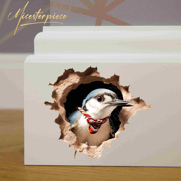 Moineau 3D dans un trou - Sticker mural fissuré - Sticker trou 3D - Sticker mural amovible - Stickers muraux pour plinthes - Déco chambre d'enfant