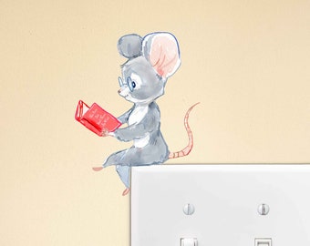 Libro di lettura del mouse Muse - Decalcomania dell'interruttore della luce - Lettura del mouse sull'interruttore della luce - Decorazione della copertura dell'interruttore della luce - Decalcomania dell'interruttore della luce - Regalo topo di biblioteca
