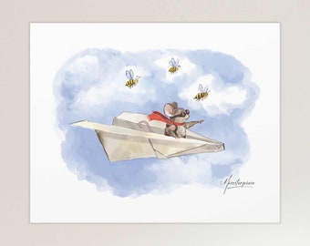 Mouse Flying Paper Plane - Mouse Paper Plane Pilot Canvas art - Cloudy Sky & Bees art - Kids room wall art - Funny Wall art - Home Decor