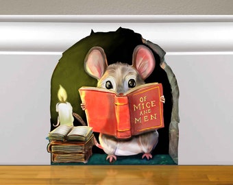 Cute Mouse Reading Book - 3D Mouse wall Decal - Removable Wall Decoration - A Book Lover Gift Idea - Laptop Sticker - Ipad Vinyl Decals