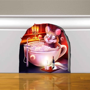 Mouse in Bathroom Wall Sticker - Mouse Bathing in 3D Hole - 3D Effect Wall Decal Sticker - Mouse Hole 3D Wall Sticker - Mousehole Wall Decal