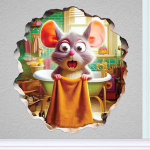 May include: A cartoon mouse with large ears and wide eyes peeks through a hole in a wall, holding an orange towel. The mouse is in a bathroom setting with a bathtub and other bathroom fixtures visible in the background.