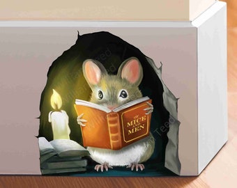 Ratón leyendo un libro - Etiqueta engomada del ratón 3d - Calcomanía de pared del ratón realista - Calcomanía de vinilo del amante del libro - Ratón lindo en un agujero - Etiqueta engomada del ratón del libro