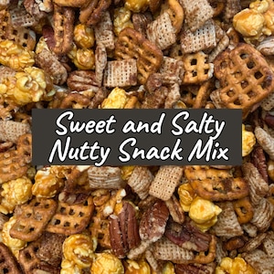 May include: A close-up of a sweet and salty snack mix with pretzels, popcorn, cereal, and nuts. The mix is a light brown color and has a variety of textures.