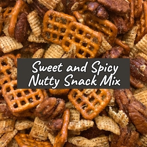 May include: A close-up of a sweet and spicy nutty snack mix. The mix contains pretzels, pecans, and a cereal with a light brown color.