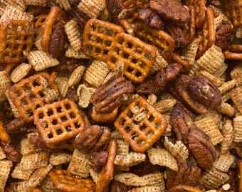 SWEET AND SPICY Brown Sugar Pecan Snack Mix with Rice Squares and Pretzels, Cinnamon and Cayenne, Handcrafted Small Batch, Gourmet Food Gift